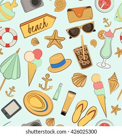 Seamles summer pattern with elements of a beach holiday: ( umbrella, camera, e-book, cocktail, straw hat, lifebuoy, sunblock, sunglasses, ice-cream)