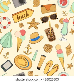 Seamles summer pattern with elements of a beach holiday: ( umbrella, camera, e-book, cocktail, straw hat, lifebuoy, sunblock, sunglasses, ice-cream)