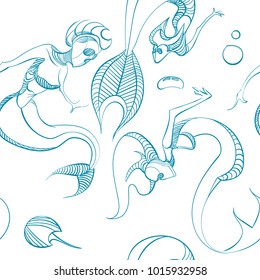 Seamles vector bluepattern with dead mermaids. Scareful zombie- mermaids