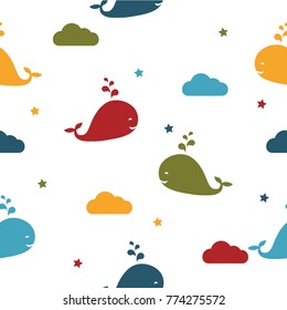 Seamles vector pattern. Vector background with whales. Sea pattern. Kids pattern. 