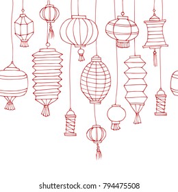 Seamles vector pattern with Chinese paper street hand drawn lanterns. Chinese New Year decorative cartoon elements. Traditional festival decorations. Vector illustration. Sketch doodle red lanterns.