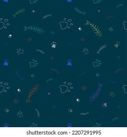 Seamles vector pattern with colored paw prints and fish skeleton, cats and dogs. Pet theme background. 