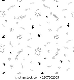 Seamles vector pattern with colored paw prints and fish skeleton, cats and dogs. Pet theme background. Black and white background