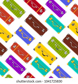 Seamles vector pattern with colorful cases. Travelling. Summer holidays. Bright baggage. Cute cartoon laggage on a white backgroud. Tourist elements.