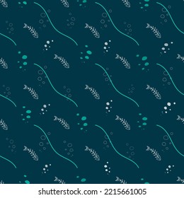 Seamles vector pattern with fish white skeleton, colored wave lines and bubbles. Pet theme background.