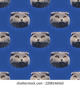 Seamles vector pattern with low-poly gray british scottish fold cat. Pet theme background for use in design