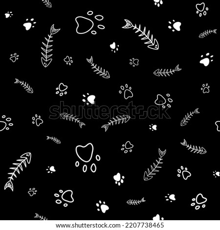 Seamles vector pattern with monochrome paw prints and fish skeleton, cats and dogs. Pet theme background. White and black background iversion Stock photo © 