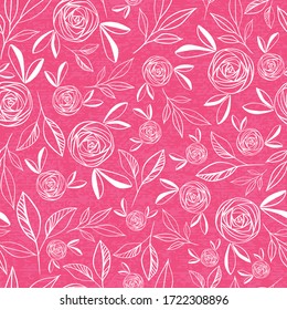 repite vectorial, rosas y hojas de color blanco sobre fondo texturado rosa perfecto para tejidos y papel pintado