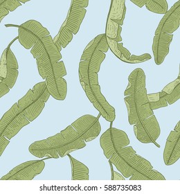 seamles vintage tropical pattern with leaves, hand drawn or enrgaved. vintage looking leaf and plants.