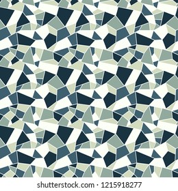 Seamles vitrage (stained-glass) pattern in cold muted colors of blue and grey, outlined polygonal ornamets with white outline, background with winter cold feel