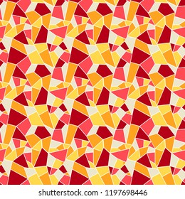 Seamles vitrage (stained-glass) pattern in hot colors of yellow, red and orange, ountlined polygonal ornamets with white outline