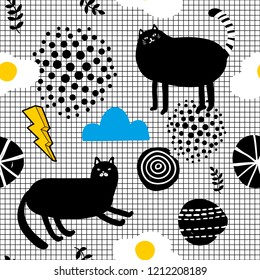 Seamles wallpaper in scandinavian style with black  cats and yellow pineapples.  Vector endless background.