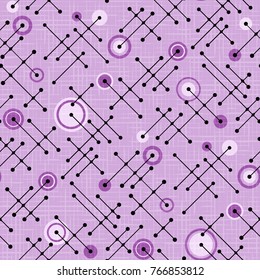 Seamless 1950s retro pattern of lines and circles for fabric design, wrapping paper, backgrounds. Vector illustration.