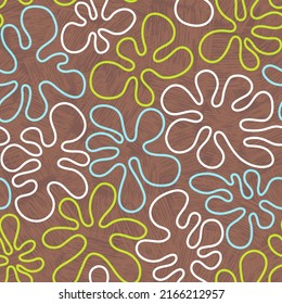 Seamless 1960s mod tiki flower pattern for backgrounds, fabric design, wrapping paper, print media. Fun retro design. Vector illustration.