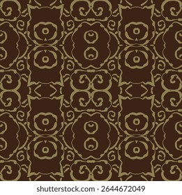 Seamless 1970s retro pattern. Symmetrical, ornate design with stylized motifs in brown and olive gold. Perfect for vintage wallpaper, bold textiles, and 70s-inspired home decor