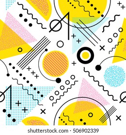 Seamless 1980s inspired graphic pattern of lines and geometric shapes. memphis style