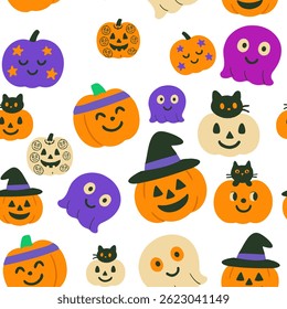A seamless 1x1 Halloween background featuring pumpkins, ghosts, black cats, and festive symbols in a naive children's doodle style.