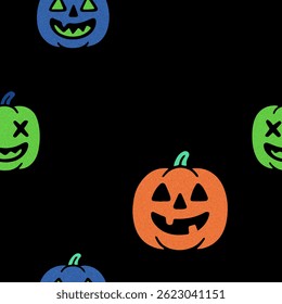 A seamless 1x1 Halloween background featuring pumpkins, ghosts, black cats, and festive symbols in a naive children's doodle style.