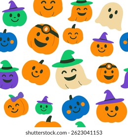 A seamless 1x1 Halloween background featuring pumpkins, ghosts, black cats, and festive symbols in a naive children's doodle style.