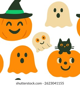 A seamless 1x1 Halloween background featuring pumpkins, ghosts, black cats, and festive symbols in a naive children's doodle style.