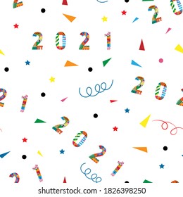 Seamless 2021 with paper geometric tiny shape pattern, triangle, round, swirled and star on white background,Cute element designs pattern for New year or Christmas wrapping paper background.