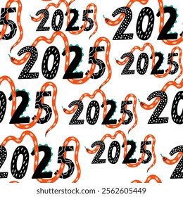 Seamless 2025 pattern with bold snake motif and artistic design. Snake symbol of the year. Vector hand drawn bold illustration