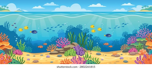 Seamless 2D Cartoon Sea Underwater Coral Reef Game Background Vector Illustration