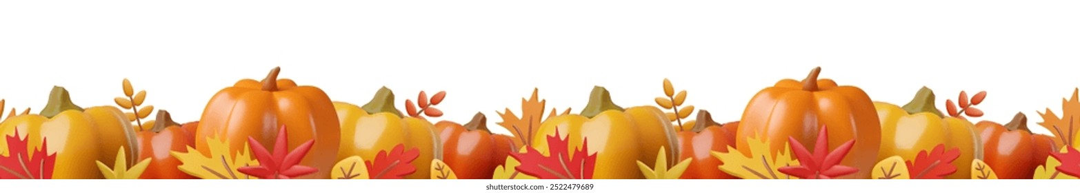 Seamless 3D border with pumpkins and leaves. Perfect for autumn celebrations. Suitable for Thanksgiving and Halloween decorations.
