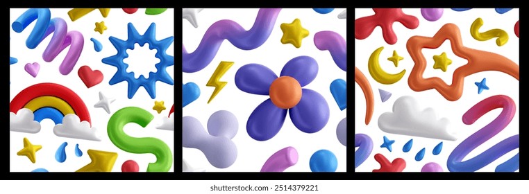 Patrón inconsútil de la historieta 3D para los niños. Coloridas Formas 3D. АLíneas de gradiente abstractas y forma de estrella, corazones geométricos, flores, arco iris, rayo y flecha. Fondos de repetición abstractos divertidos