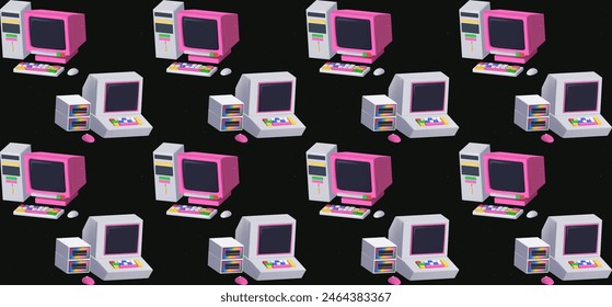 Seamless 3D computer pattern in retro style. Vintage computer aesthetics Y2K.