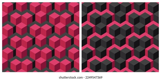 Seamless 3D cube geometric pattern background. Trend color of the year 2023 Viva Magenta. Design texture elements for fabric, tile, banner, cover, poster, backdrop, wall. Vector illustration.