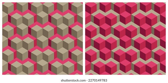 Seamless 3D cube geometric pattern background. Trend color of the year 2023 Viva Magenta. Design texture elements for fabric, tile, banner, cover, poster, backdrop, wall. Vector illustration.