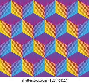 Seamless 3d Cube Pattern. Vector Neon Background. Blue and Yellow Fashion Ornament