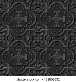 Seamless 3D dark paper cut art background 435 vintage curve cross geometry frame flower
