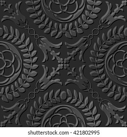 Seamless 3D dark paper cut art background 413 round cross leaf flower

