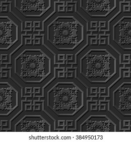 Seamless 3D elegant dark paper art pattern 141 Octagon Square Cross Flower
