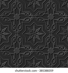 Seamless 3D elegant dark paper art pattern 224 Star Cross Spiral Flower
