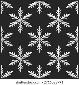 Padrão de floco de neve em relevo em 3D contínuo com profundidade realista em um plano de fundo preto. Ótimo para embalagens de inverno de luxo e marca premium.