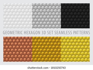 Seamless 3d geometric hexagon. Geometry pattern metallic color set. Background white-color, gray-color, black-color, copper-color, gold-color, brass-color. Vector illustration.