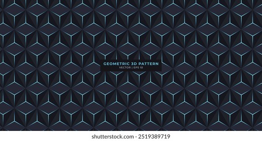 A seamless 3D geometric pattern featuring dark cube shapes with neon blue accents, creating a futuristic and modern aesthetic. Ideal for backgrounds, wallpapers, digital art, technological projects.