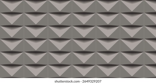 Design de painel de parede geométrica 3D uniforme com padrão de triângulo invertido em tons de cinza. Ideal para interiores modernos, fundos ou visualização arquitetônica.