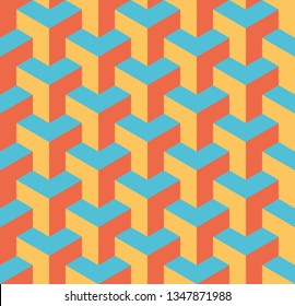 Seamless 3D geometrical pattern of overlapping cubes. Abstract design vector background in three colors.