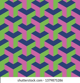 Seamless 3D geometrical pattern of overlapping cubes. Abstract design vector background in three colors.