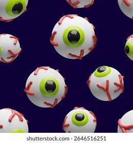 Motif harmonieux d'Halloween en 3D de globes oculaires flottants de dessins animés avec des iris verts et des veines rouges sur fond bleu. Le design ludique et ludique est pour l'emballage, le textile, les fonds d'écran, les décorations.