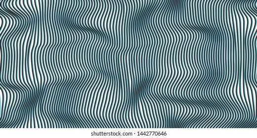 Seamless 3d lines vector background. Dynamic texture with wavy lines and optical illusion effect. Abstract background. Distorted 3d black and blue colored lines wallpaper.