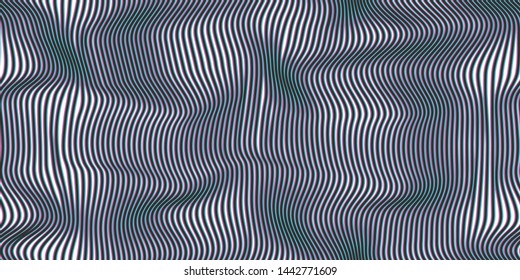 Seamless 3d lines vector background. Dynamic texture with wavy lines and optical illusion effect. Abstract background. Distorted 3d glitch lines wallpaper for design, advertising banner, web, cover.