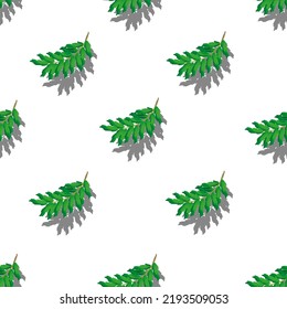 Seamless 3d pattern with beautiful rowan green leaves on white background with shadows. Autumn concept. Wallpaper with mountain ash.