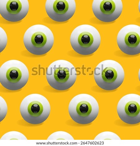 Seamless 3D pattern of cartoon eyeballs on a bright orange background. Playful and bold style, great for Halloween designs, eye health campaigns, wrapping paper, and textile prints.