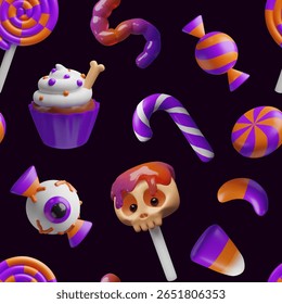 Seamless 3D pattern of cute Halloween candy in vibrant purple, orange, and white colors. Includes sweets like lollipops, cupcakes, jelly worms, candy canes, eyeball candies, and skull lollipops.