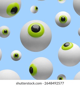 Seamless 3D pattern featuring floating cartoon eyeballs with green irises. Halloween decorations, wrapping paper, textiles, wallpapers. The glossy spherical eyes give a fun, slightly spooky vibe